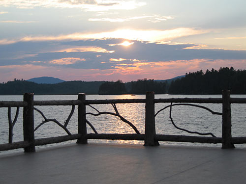 adirondack mountain view off boathouse deck